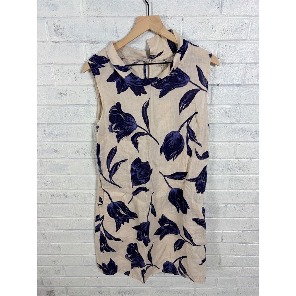 Lina Tomei Linen Dress Womens XL Beige Navy Floral Shift Sleeveless Italy